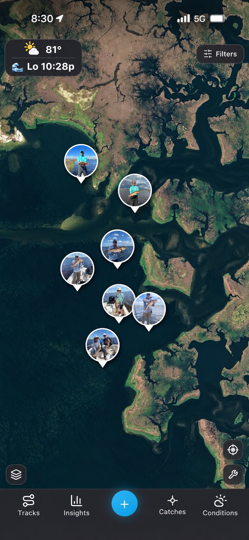 Catching Alpha satellite map with catch photo pins along inshore creeks